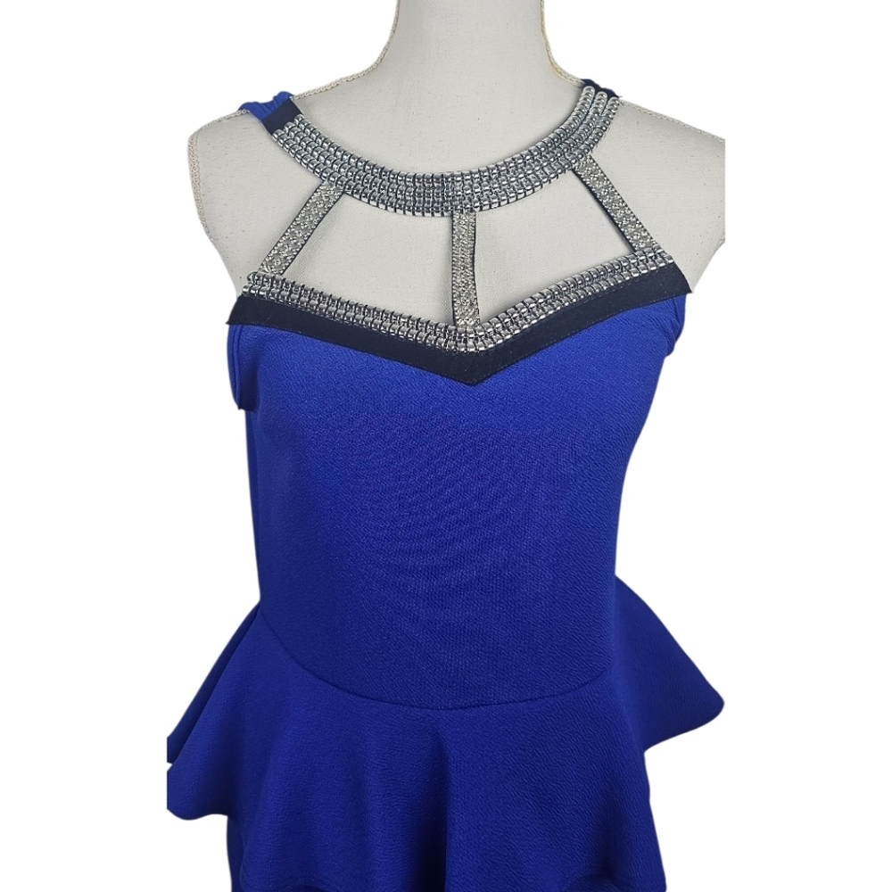 Royal Blue Rhinestone Peplum Cocktail Dress Large Bodycon Party Evening